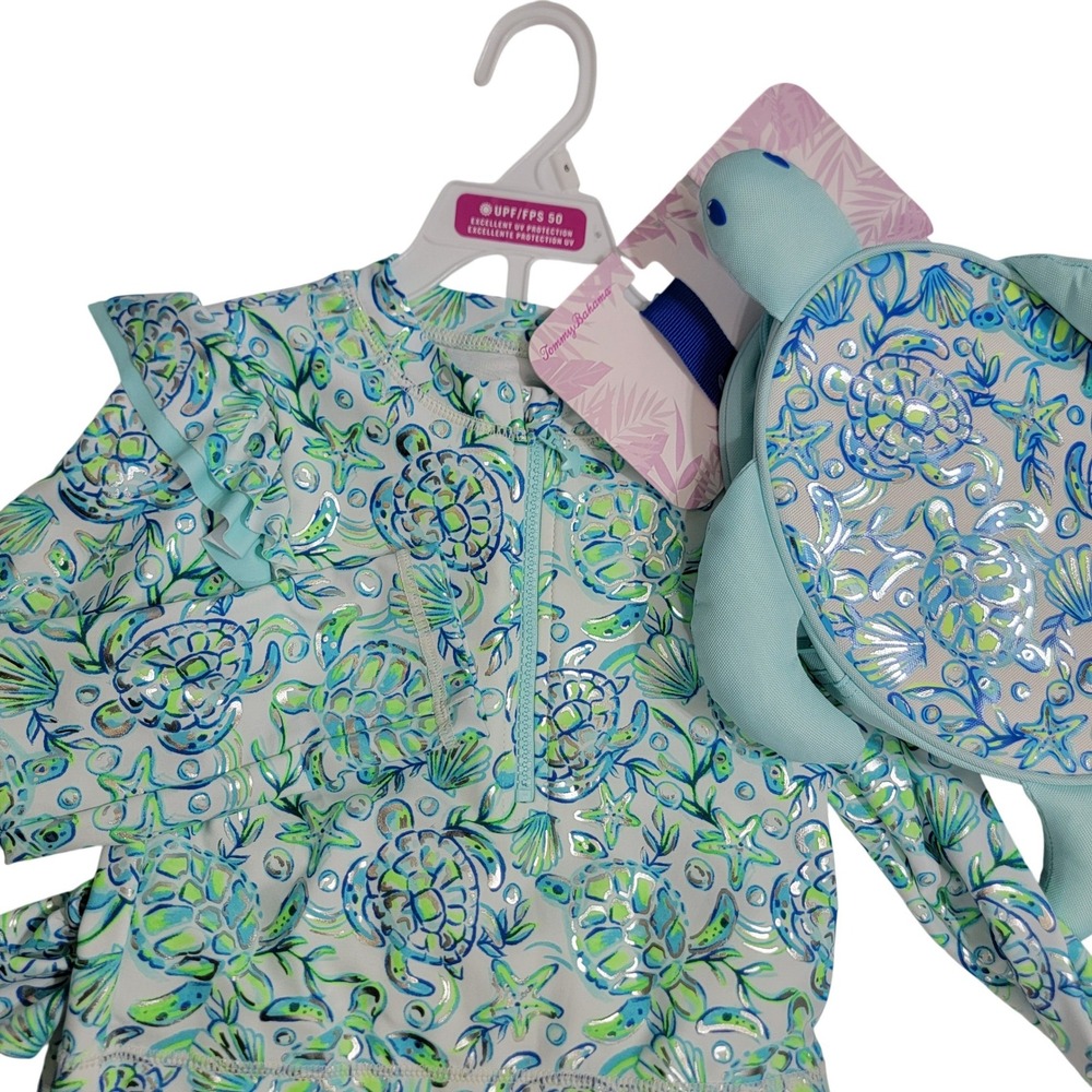 Tommy Bahama Girls 6 Sea Turtle Rash Guard Swimsuit & Backpack Set Aqua Blue NEW